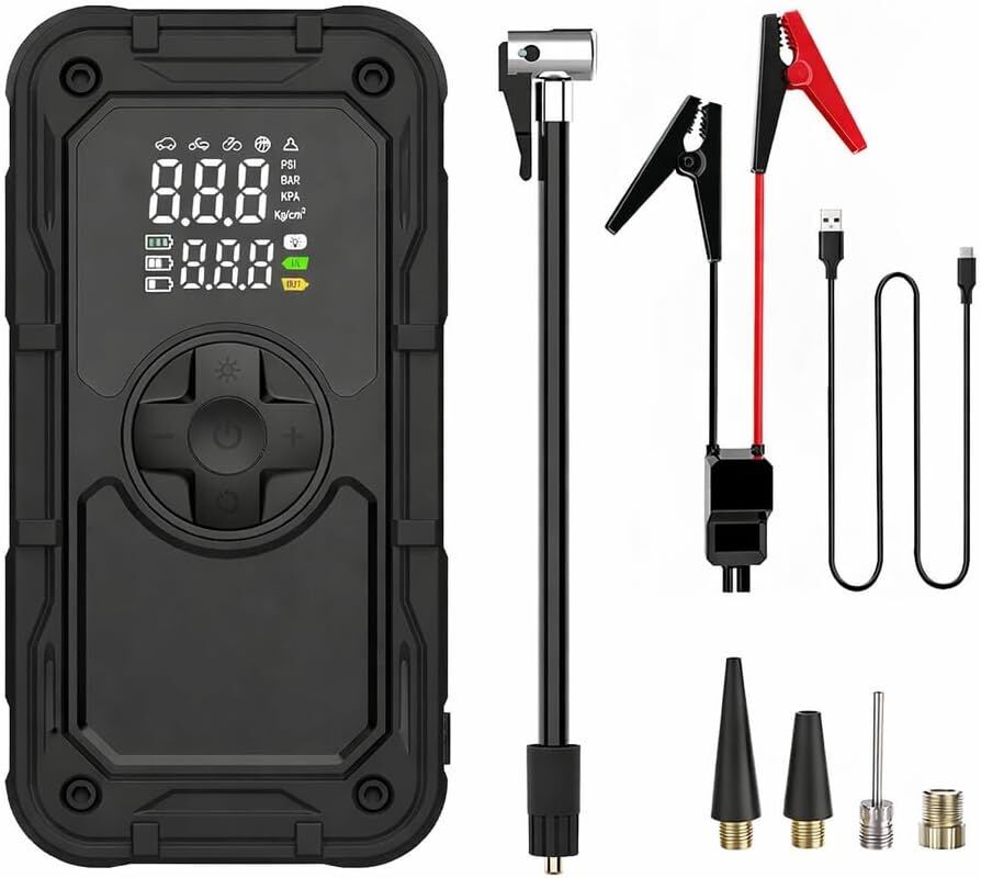 Akü Şoklama Takviye Cihazı + Lastik Şişirme Kompresörü Taşınabilir 4+1  Jump Starter 8000mah