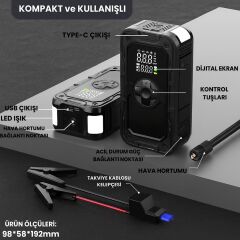 Akü Şoklama Takviye Cihazı + Lastik Şişirme Kompresörü Taşınabilir 4+1  Jump Starter 8000mah